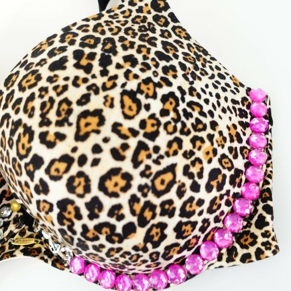 VICTORIA'S SECRET Brown Push Up Bra 32DD Padded Leopard Rhinestone Fabulous - Picture 3 of 12